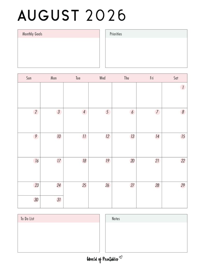 Printable August 2026 Calendar Design 86