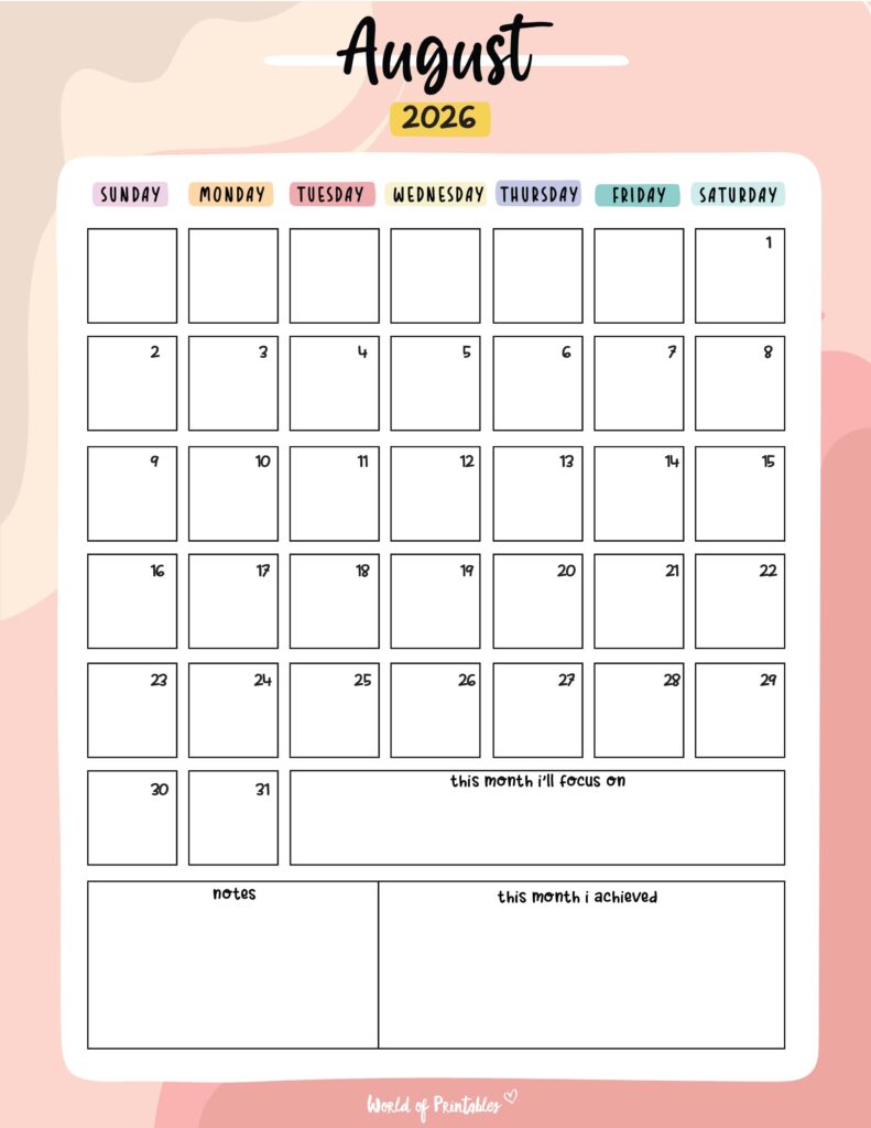 Printable August 2026 Calendar Design 89