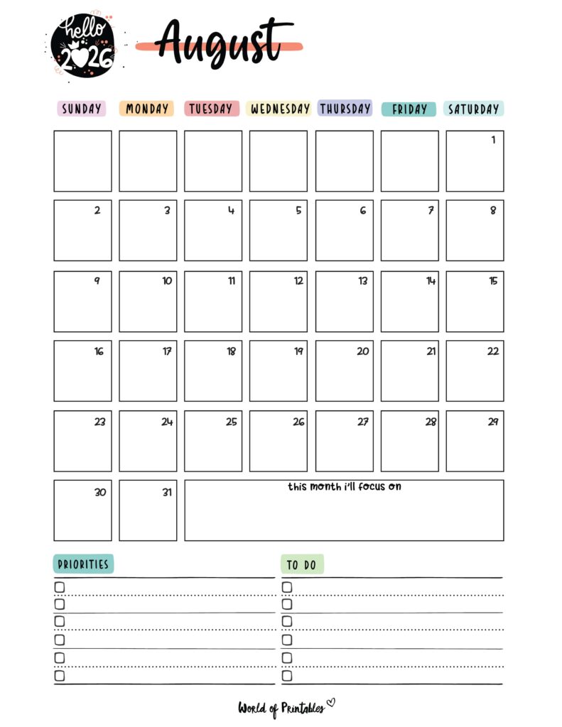 Printable August 2026 Calendar Design 90