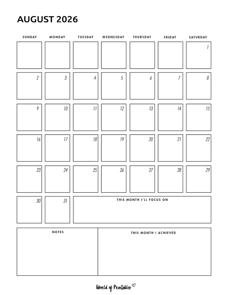 Printable August 2026 Calendar Design 92
