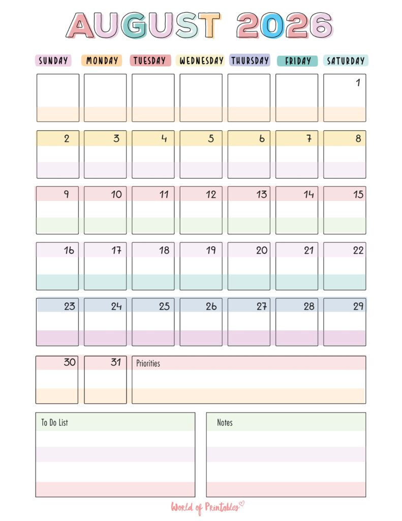 Printable August 2026 Calendar Design 98