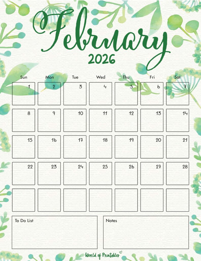 Printable February 2026 Calendar Design 100