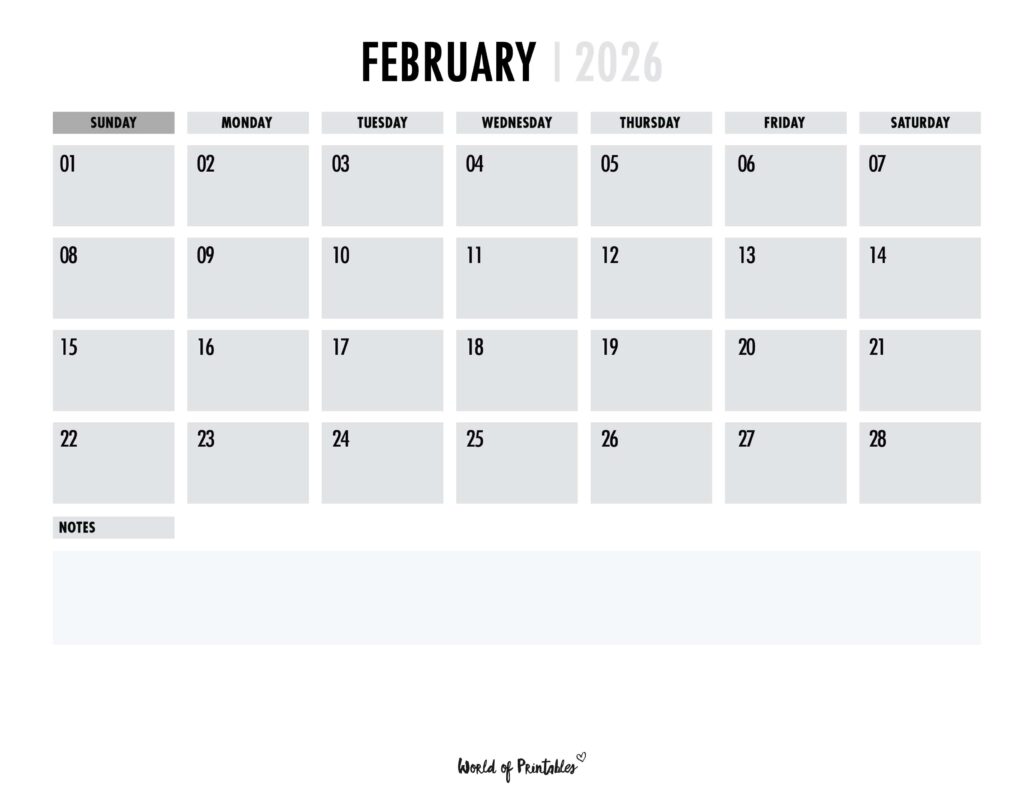Printable February 2026 Calendar Design 101