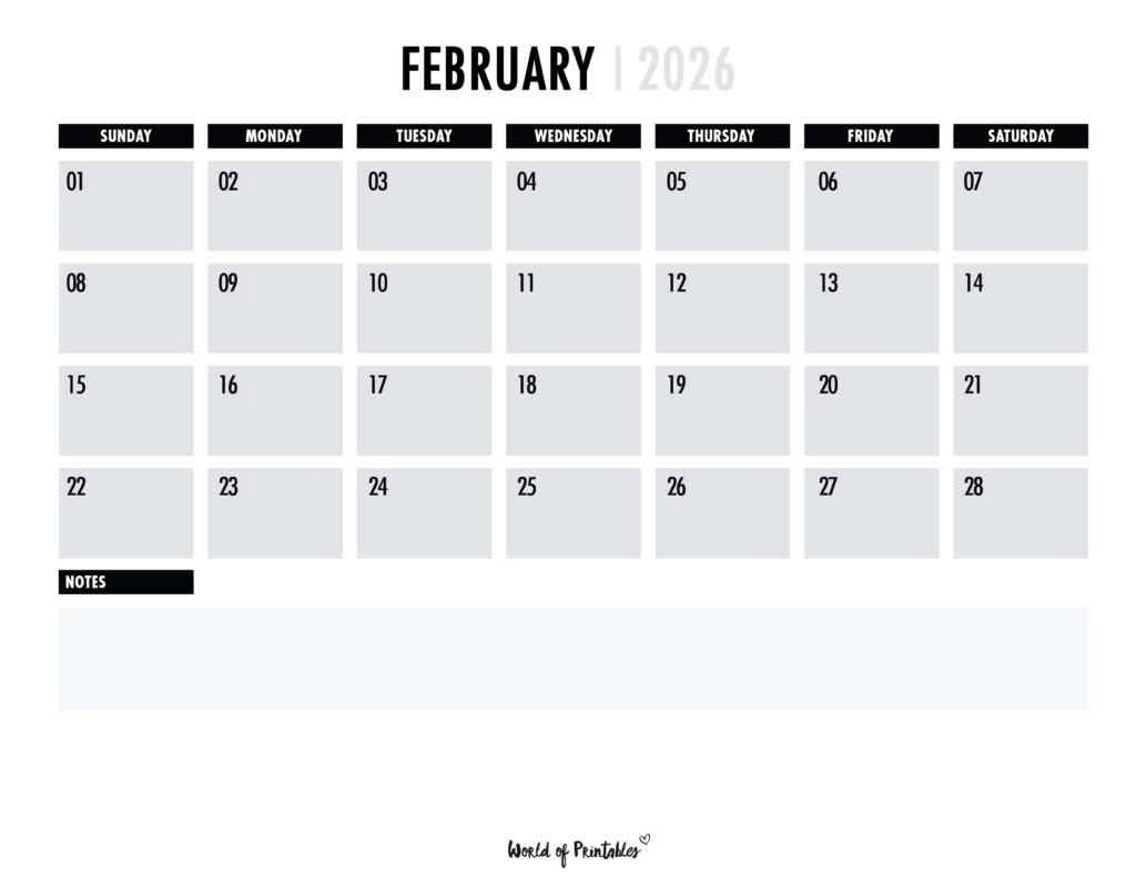 Printable February 2026 Calendar Design 102