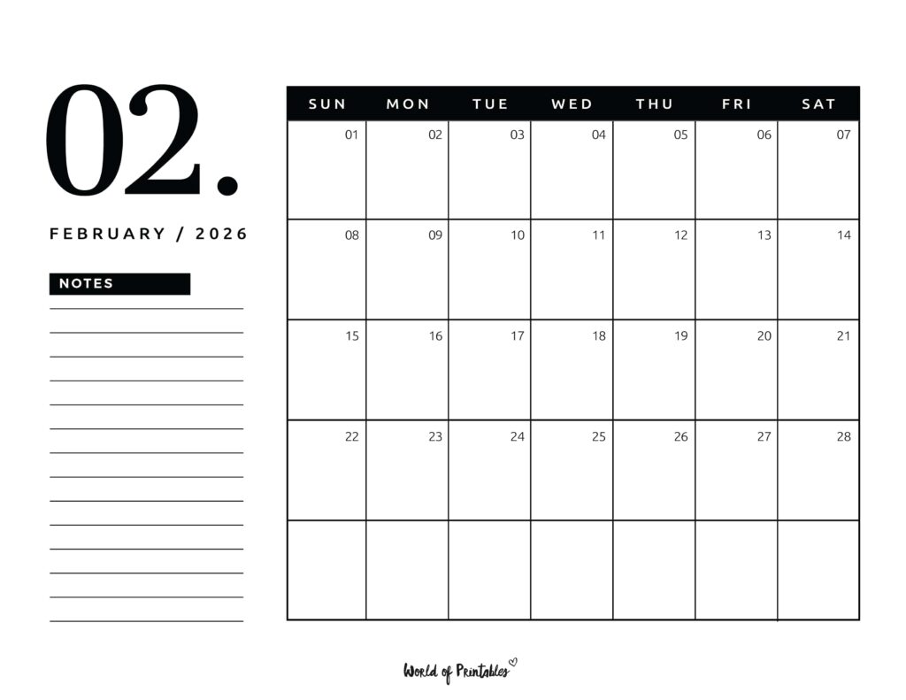 Printable February 2026 Calendar Design 105