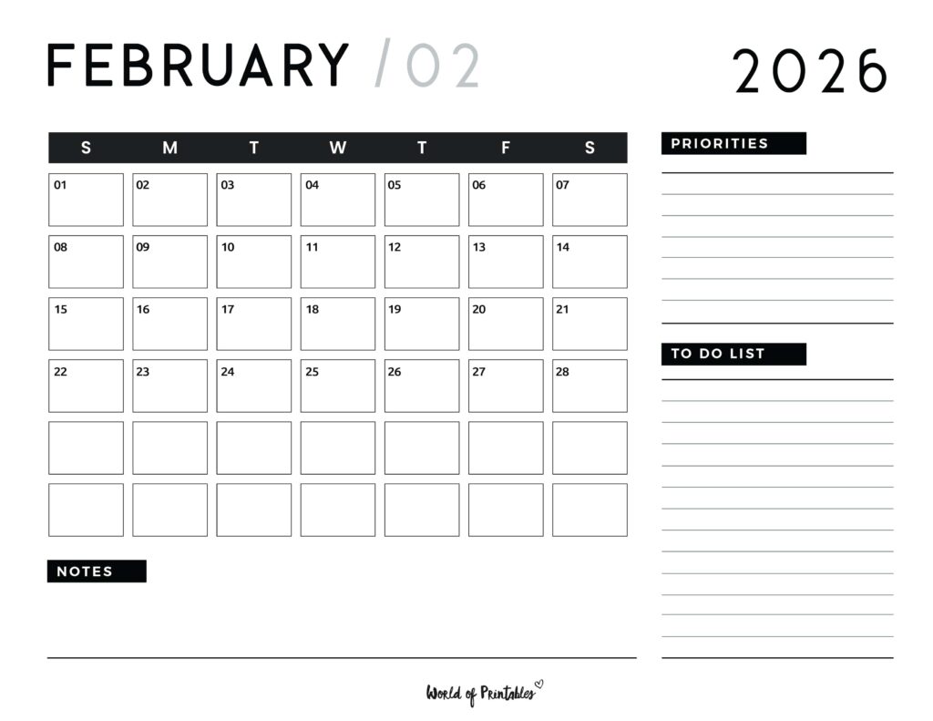 Printable February 2026 Calendar Design 107