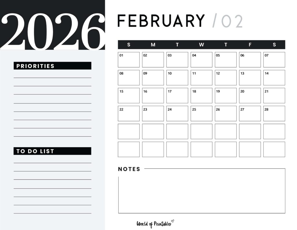 Printable February 2026 Calendar Design 108
