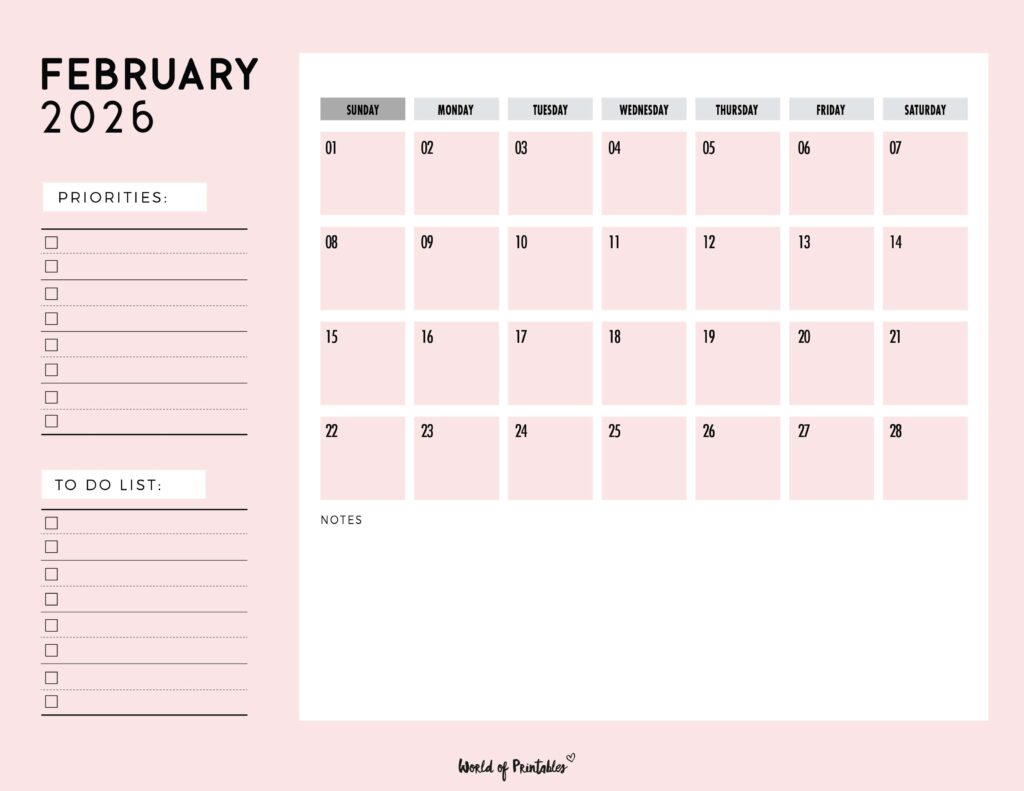 Printable February 2026 Calendar Design 111