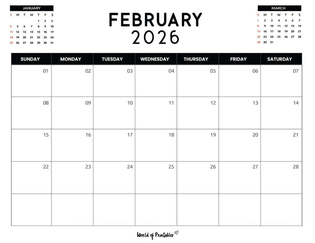 Printable February 2026 Calendar Design 120