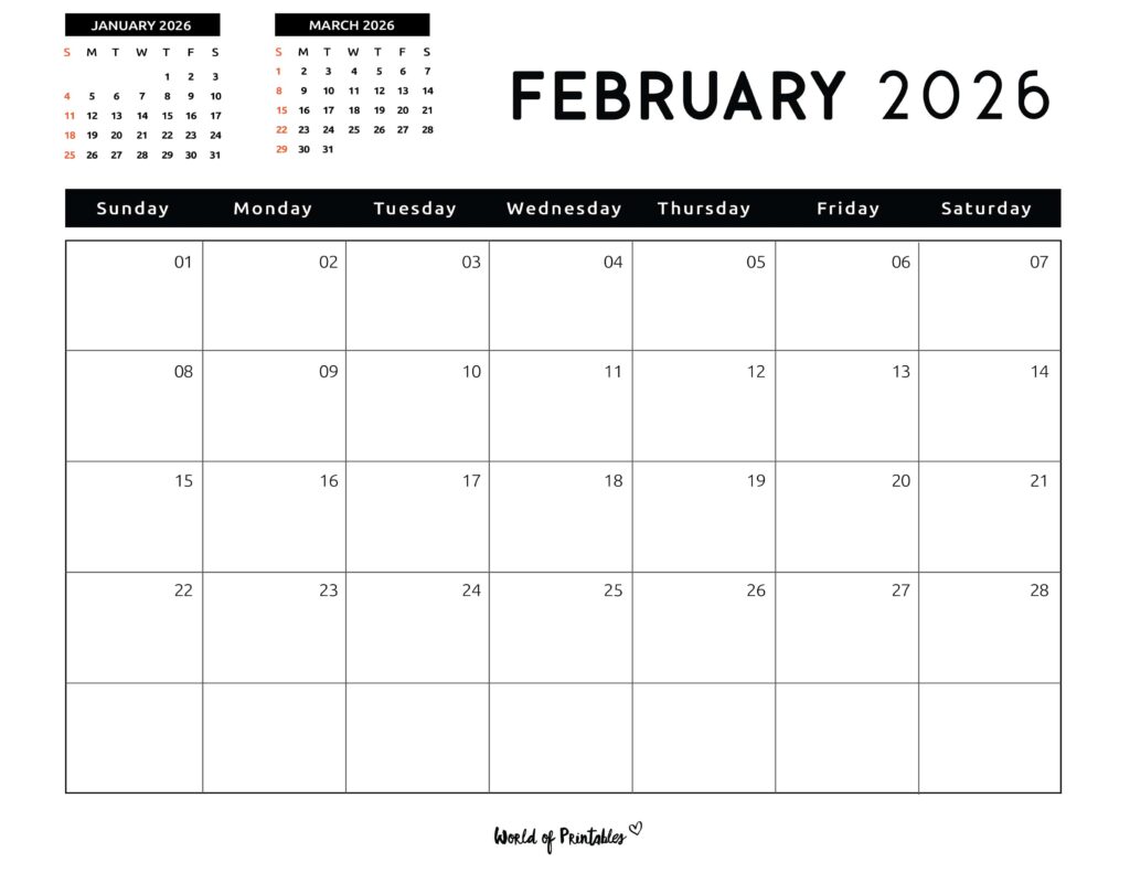Printable February 2026 Calendar Design 122
