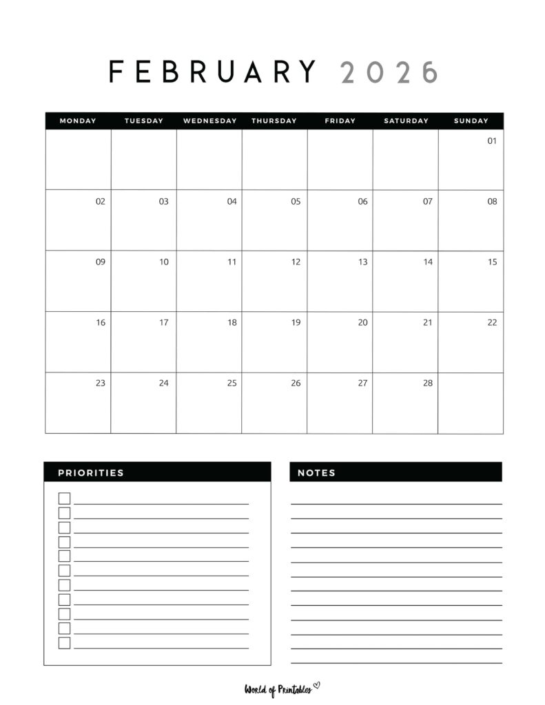 Printable February 2026 Calendar Design 123