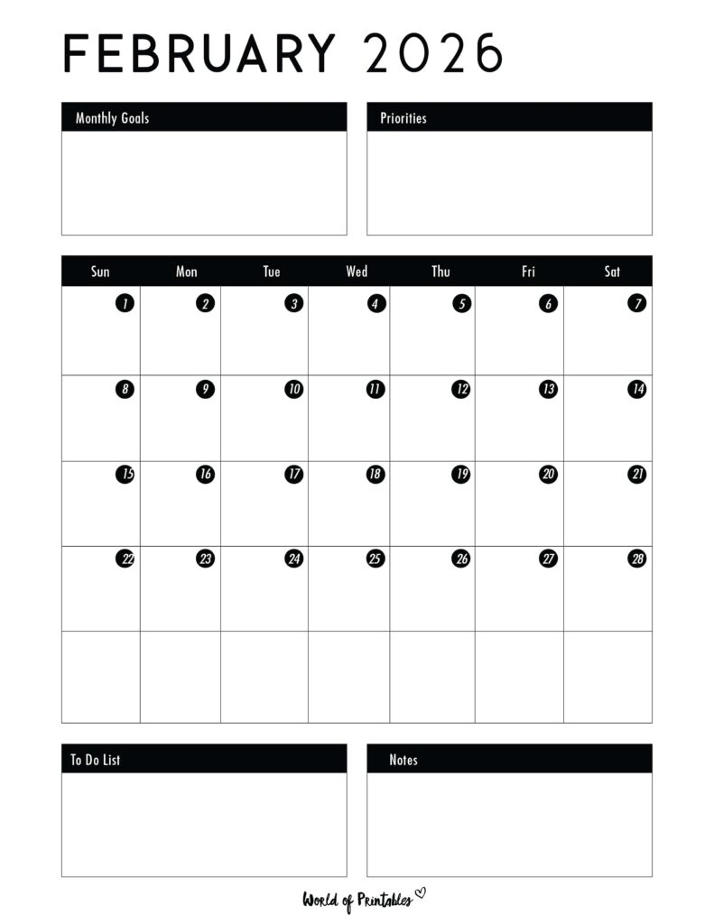Printable February 2026 Calendar Design 124