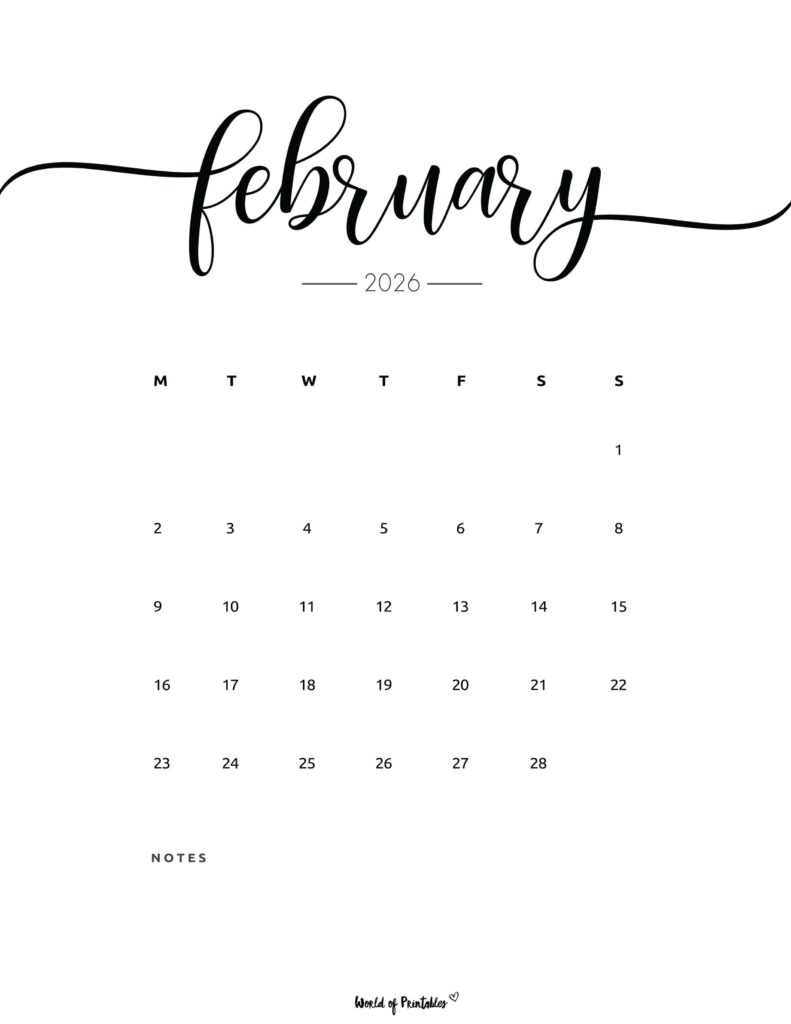 Printable February 2026 Calendar Design 201