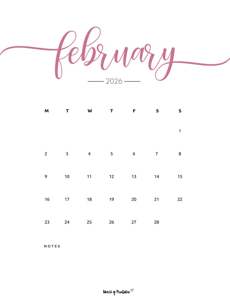 Printable February 2026 Calendar Design 202