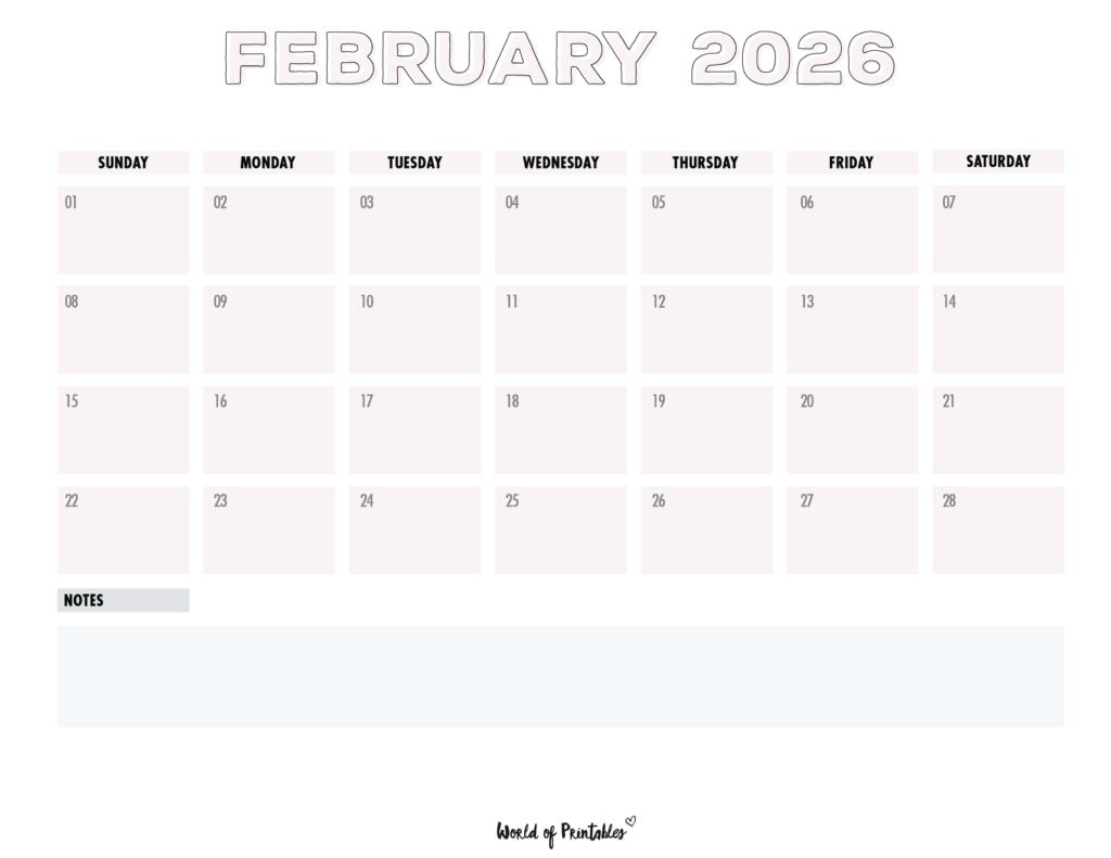 Printable February 2026 Calendar Design 203