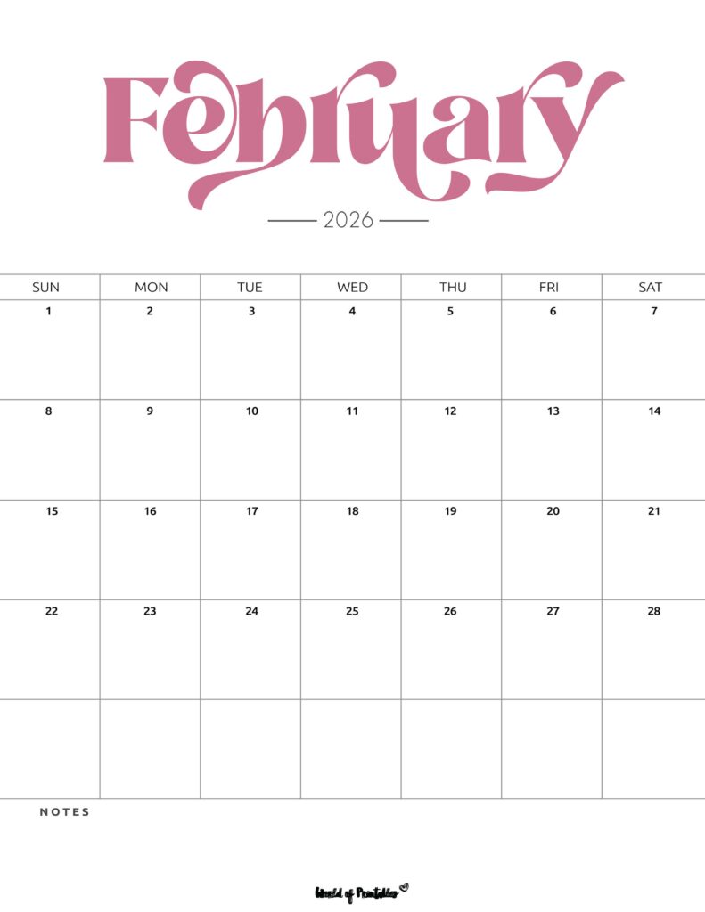 Printable February 2026 Calendar Design 204