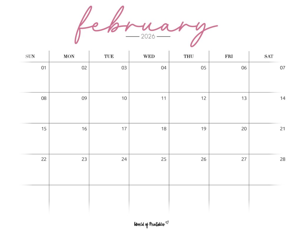 Printable February 2026 Calendar Design 206