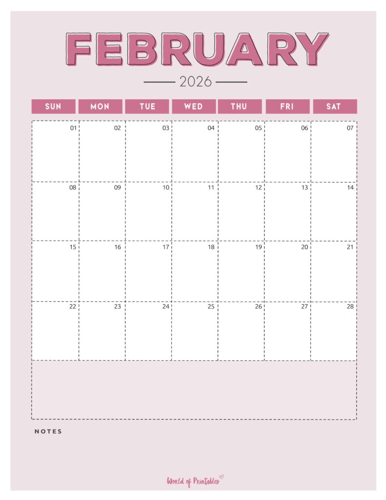 Printable February 2026 Calendar Design 213