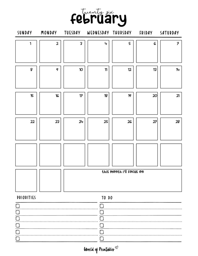Printable February 2026 Calendar Design 214