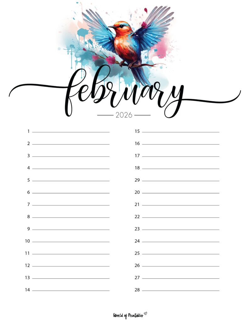 Printable February 2026 Calendar Design 216