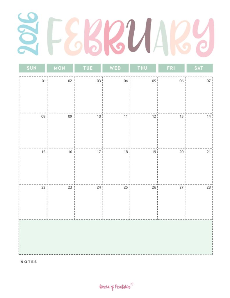 Printable February 2026 Calendar Design 218