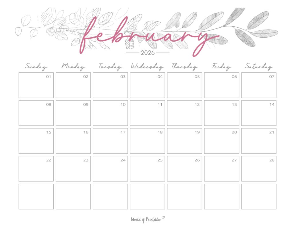 Printable February 2026 Calendar Design 250