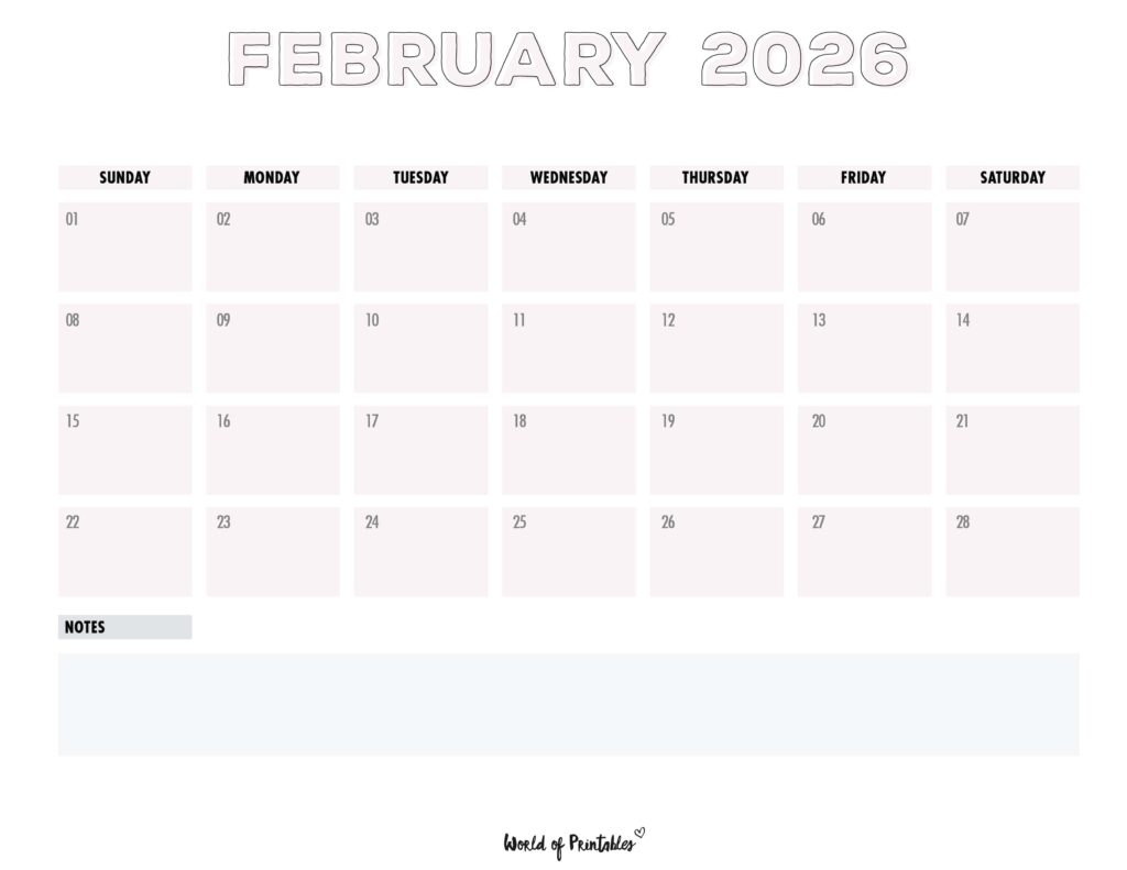 Printable February 2026 Calendar Design 254