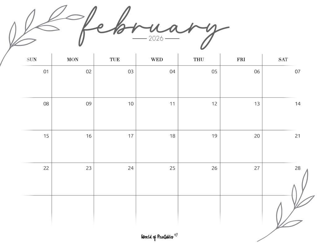 Printable February 2026 Calendar Design 255