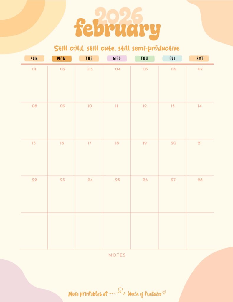 Printable February 2026 Calendar Design 300