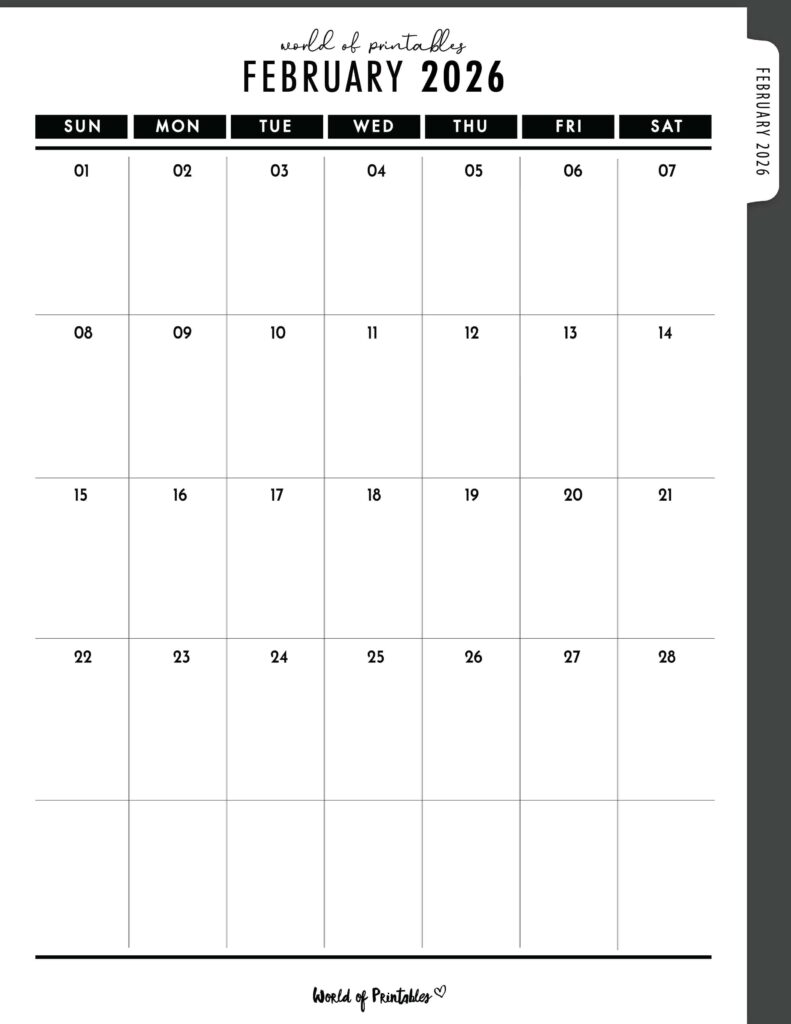 Printable February 2026 Calendar Design 306
