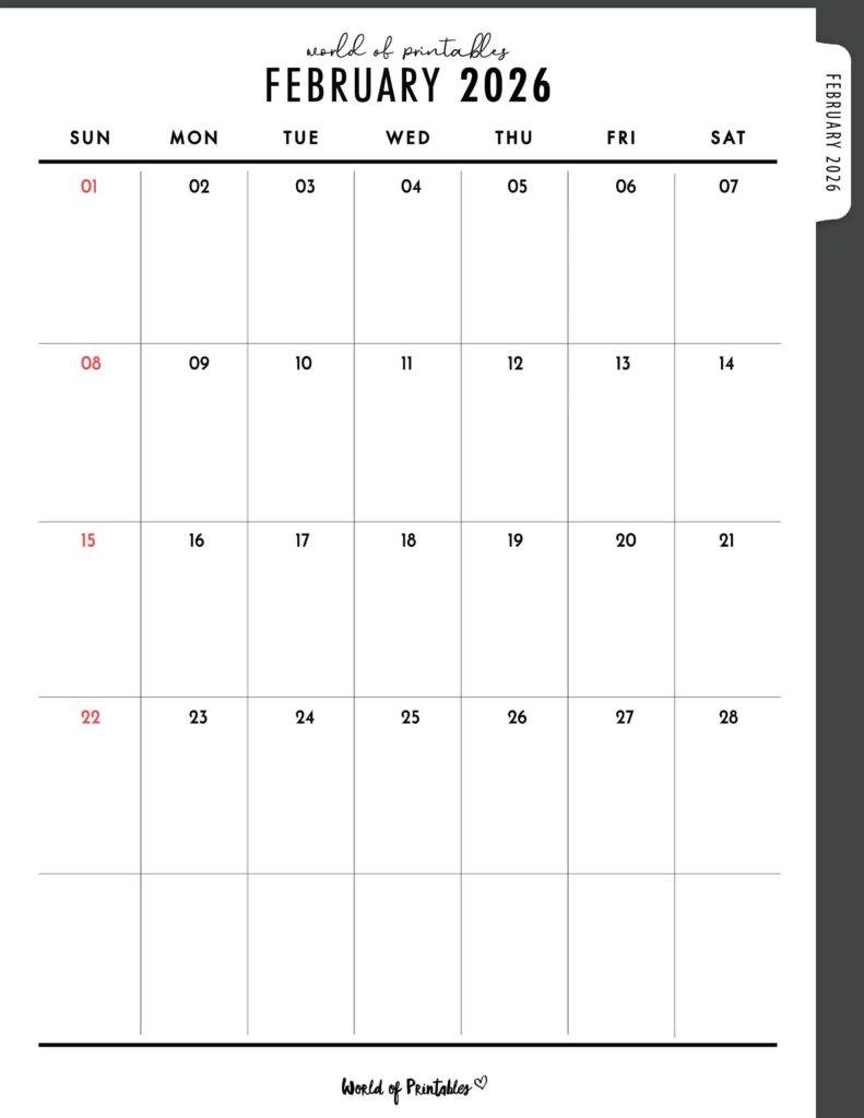 Printable February 2026 Calendar Design 307