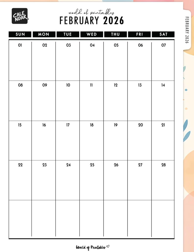 Printable February 2026 Calendar Design 312