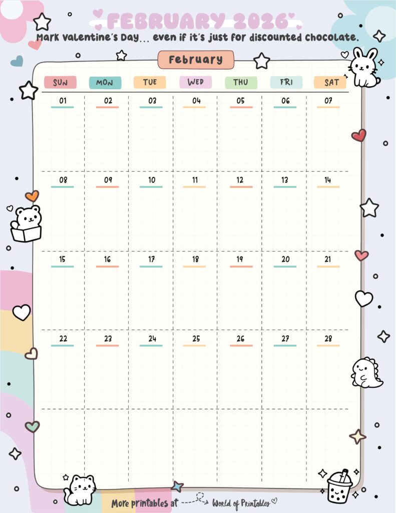 Printable February 2026 Calendar Design 321
