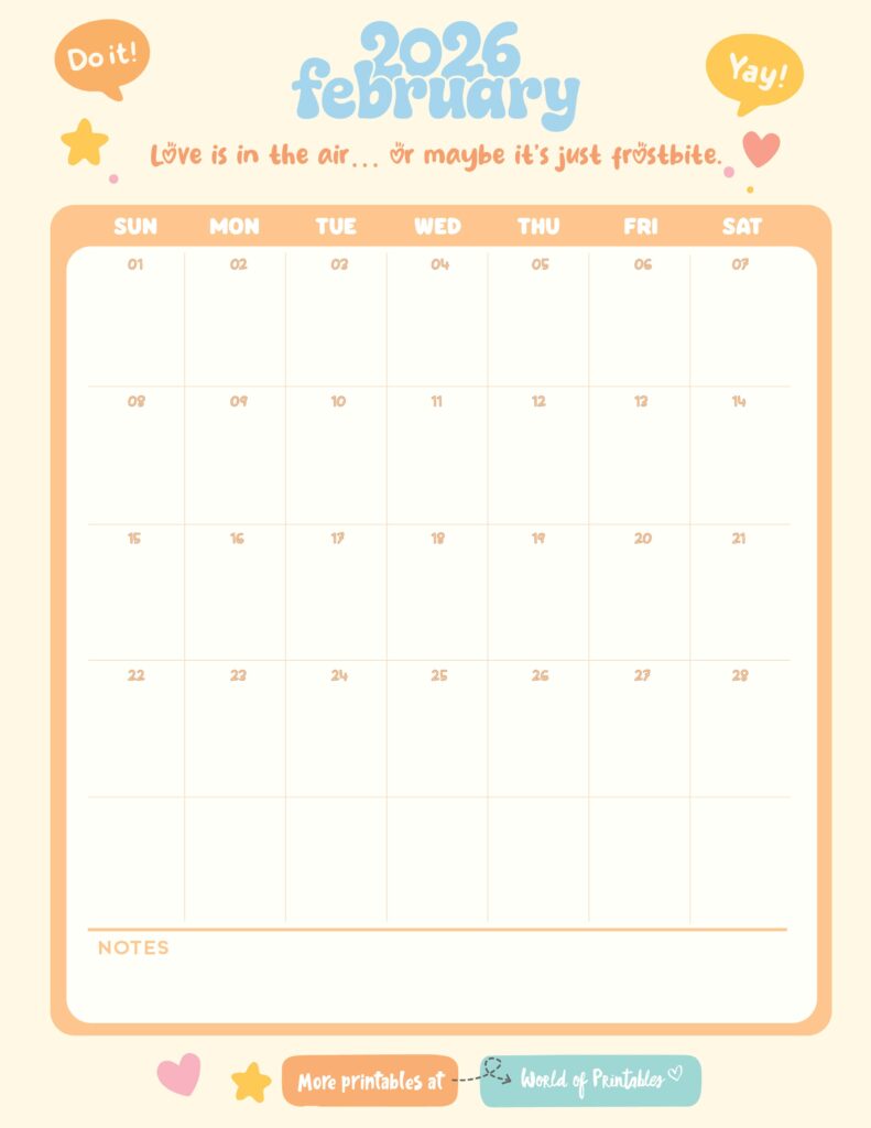 Printable February 2026 Calendar Design 337