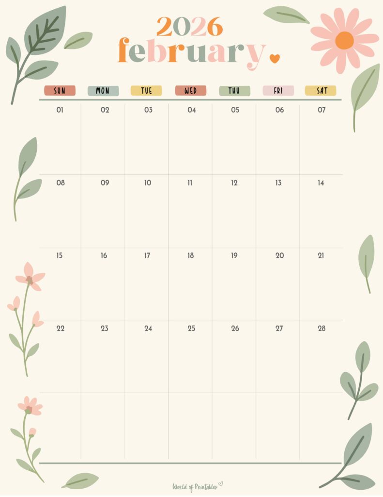Printable February 2026 Calendar Design 345