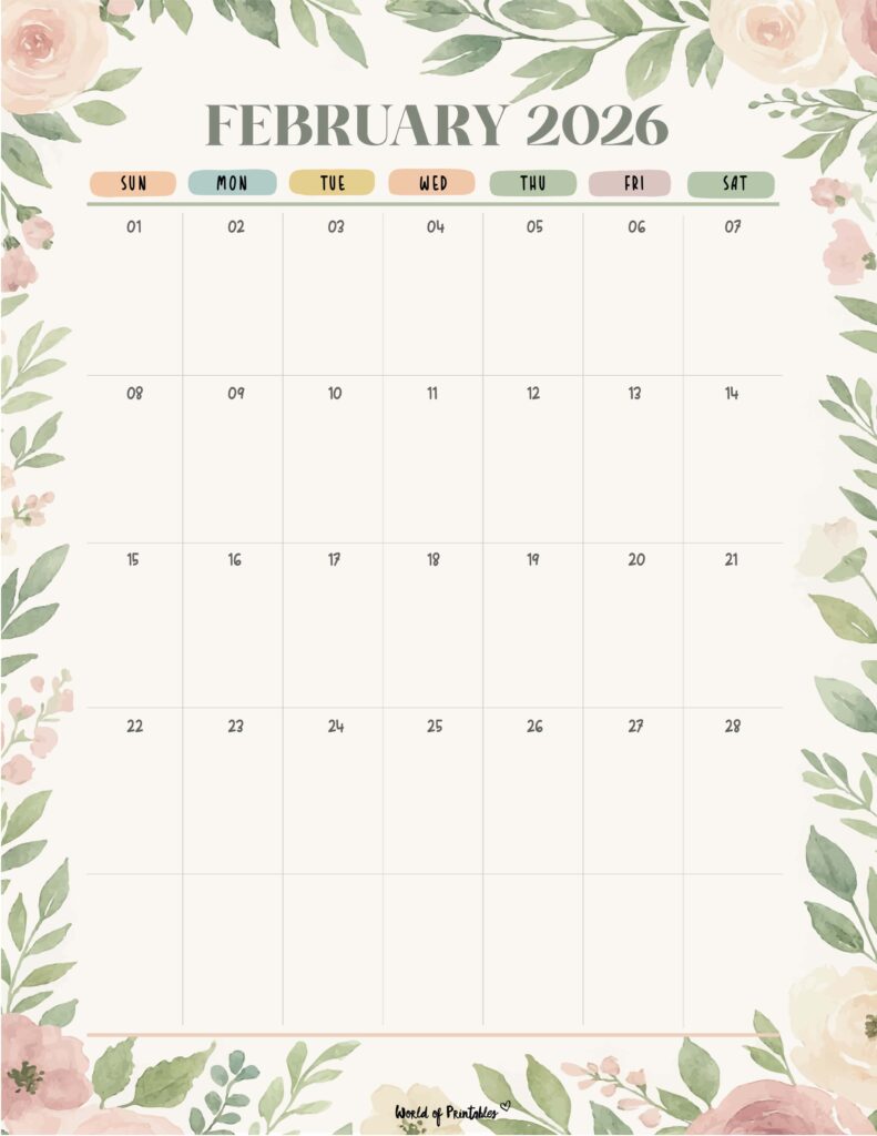 Printable February 2026 Calendar Design 348