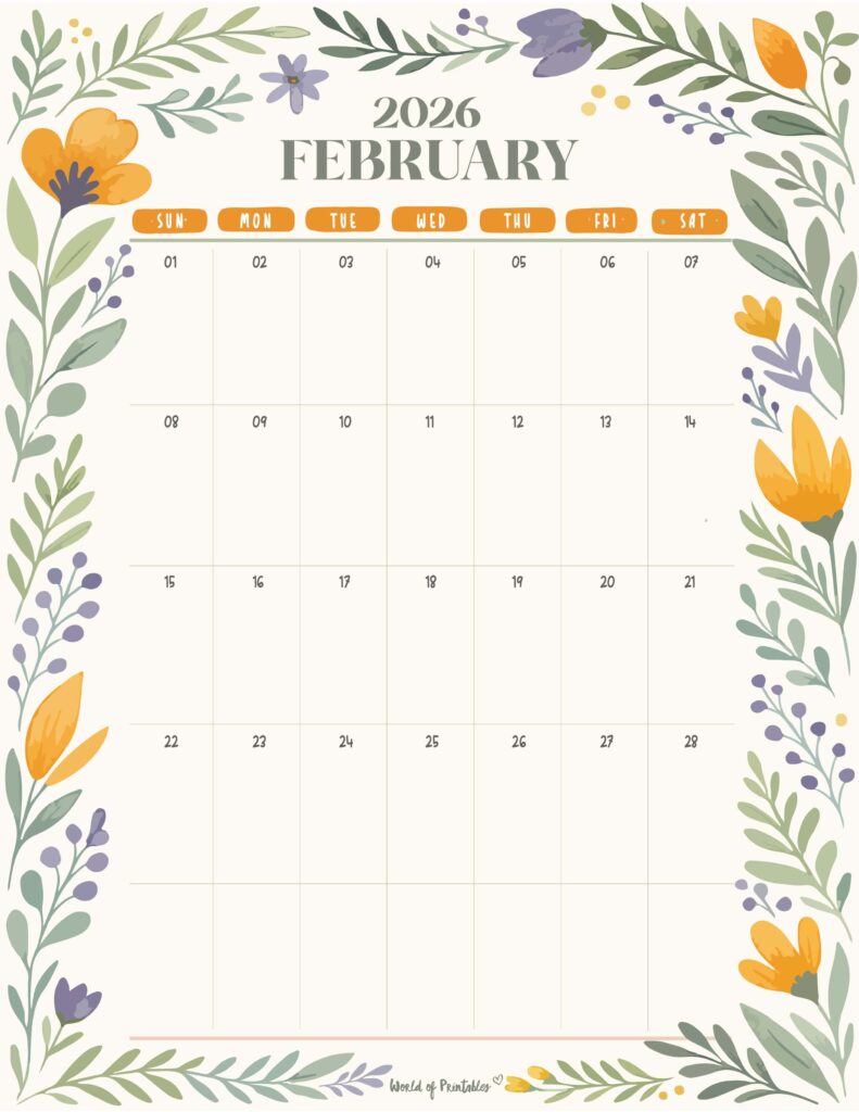 Printable February 2026 Calendar Design 350