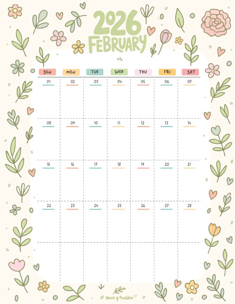 Printable February 2026 Calendar Design 357