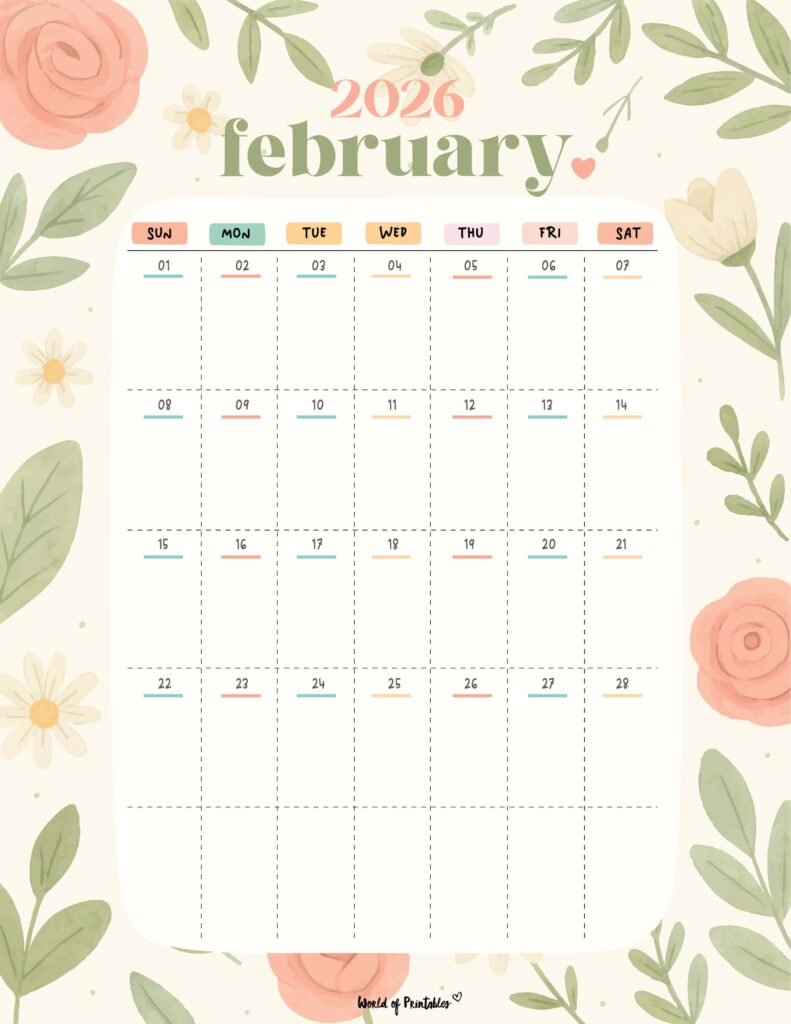 Printable February 2026 Calendar Design 358