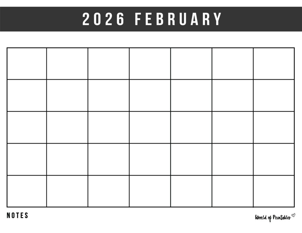 Printable February 2026 Calendar Design 364
