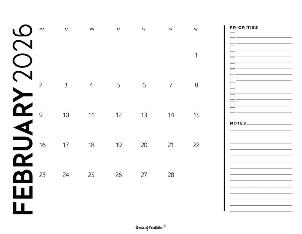 Printable February 2026 Calendar Design 68