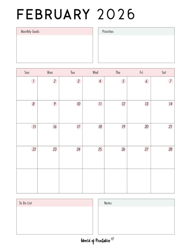 Printable February 2026 Calendar Design 86