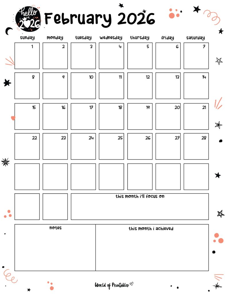 Printable February 2026 Calendar Design 88