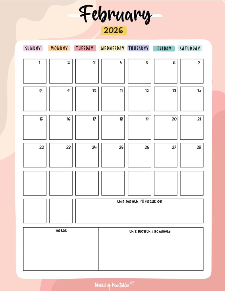 Printable February 2026 Calendar Design 89
