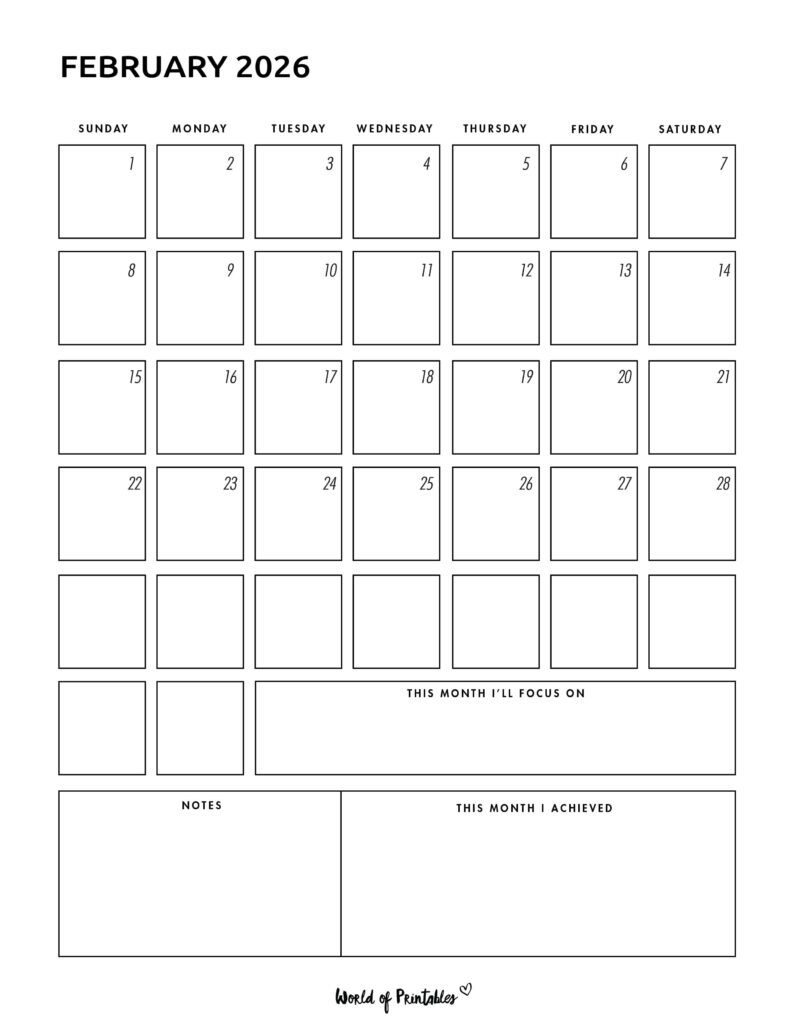 Printable February 2026 Calendar Design 92