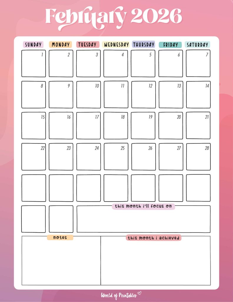 Printable February 2026 Calendar Design 93