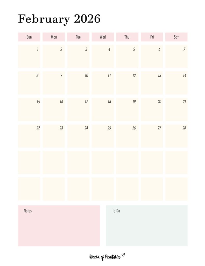 Printable February 2026 Calendar Design 96