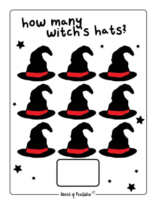 Printable Halloween Counting Worksheet - Witch's Hats 9