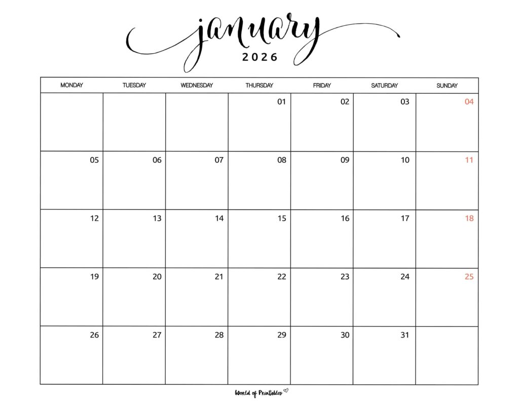 Printable January 2026 Calendar Design 1