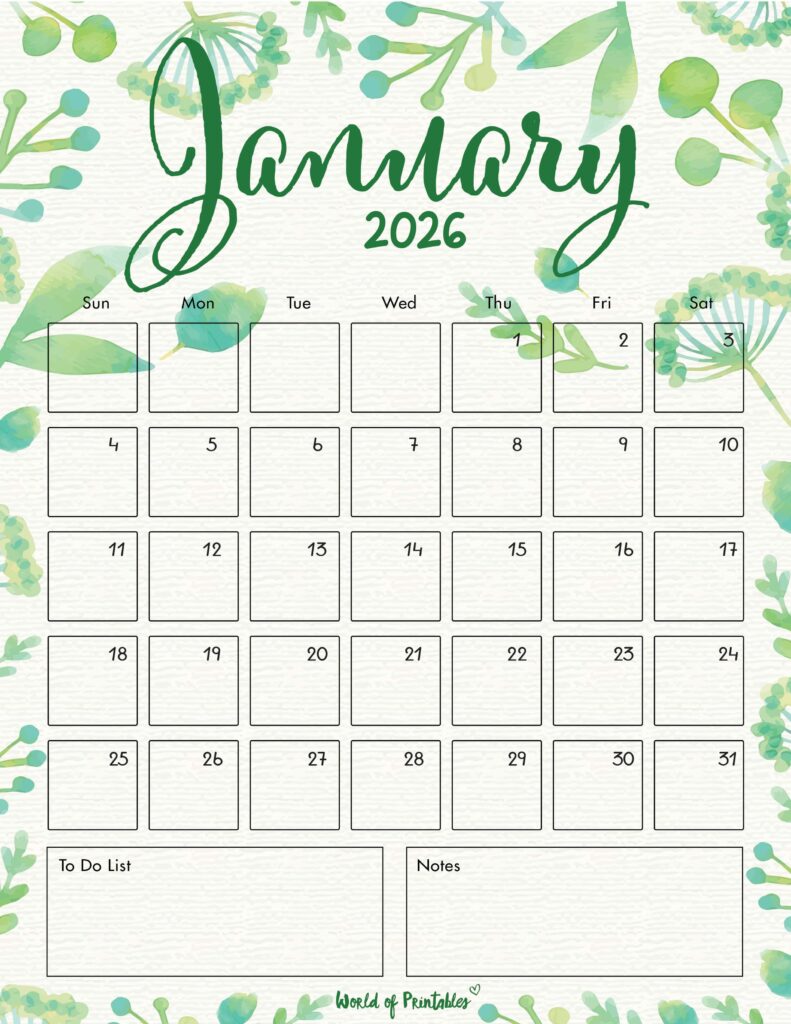 Printable January 2026 Calendar Design 100